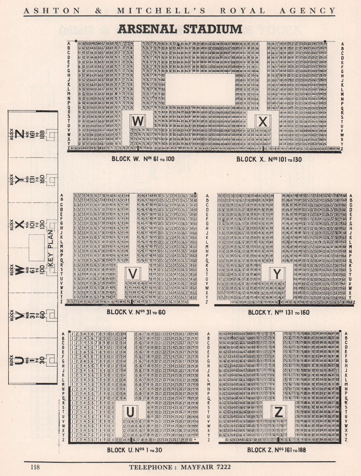 ARSENAL HIGHBURY STADIUM vintage seating plan blocks U V W X Y Z. London 1937